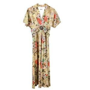 VTG Cream Floral V Neck Belted Maxi Dress Silver Thread‎ Womens Vintage Size 16